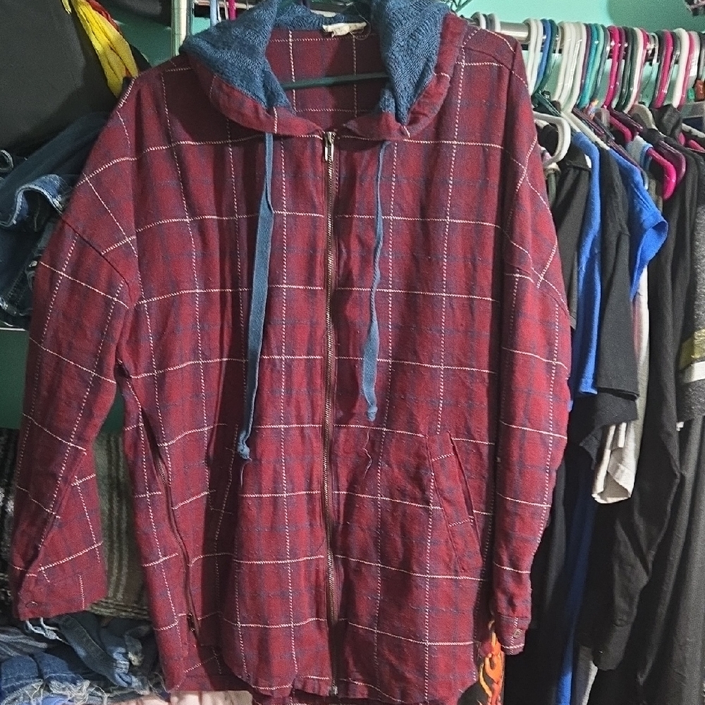 Red Plaid Hooded Jacket with Blue Accents